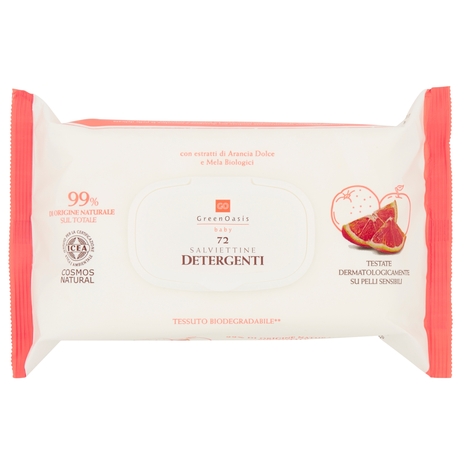 72 SALVIETTINE DETERGENTI con Estratti di Arancia Dolce e Mela Biologici, Green Oasis Baby